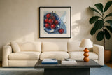 Overhead View of Cherries by Kate Jarvik Birch. Displayed in a glass frame with matte in a clean modern living room. Available as an archival giclee rolled canvas, fine art paper, or poster print. SKU 102909a.