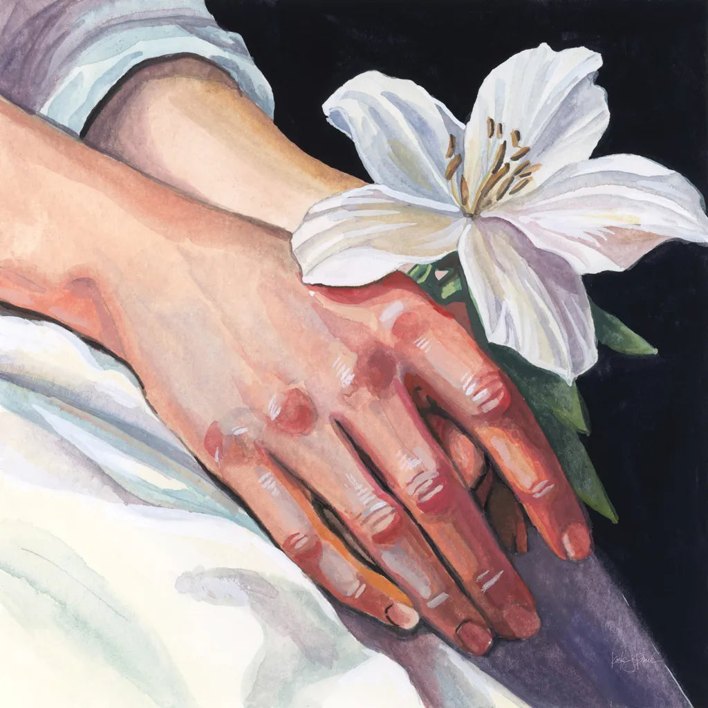 Peaceful Flower in Hand by Kate Jarvik Birch. SKU 99691a. Archival Giclee Fine art print for wall decor.