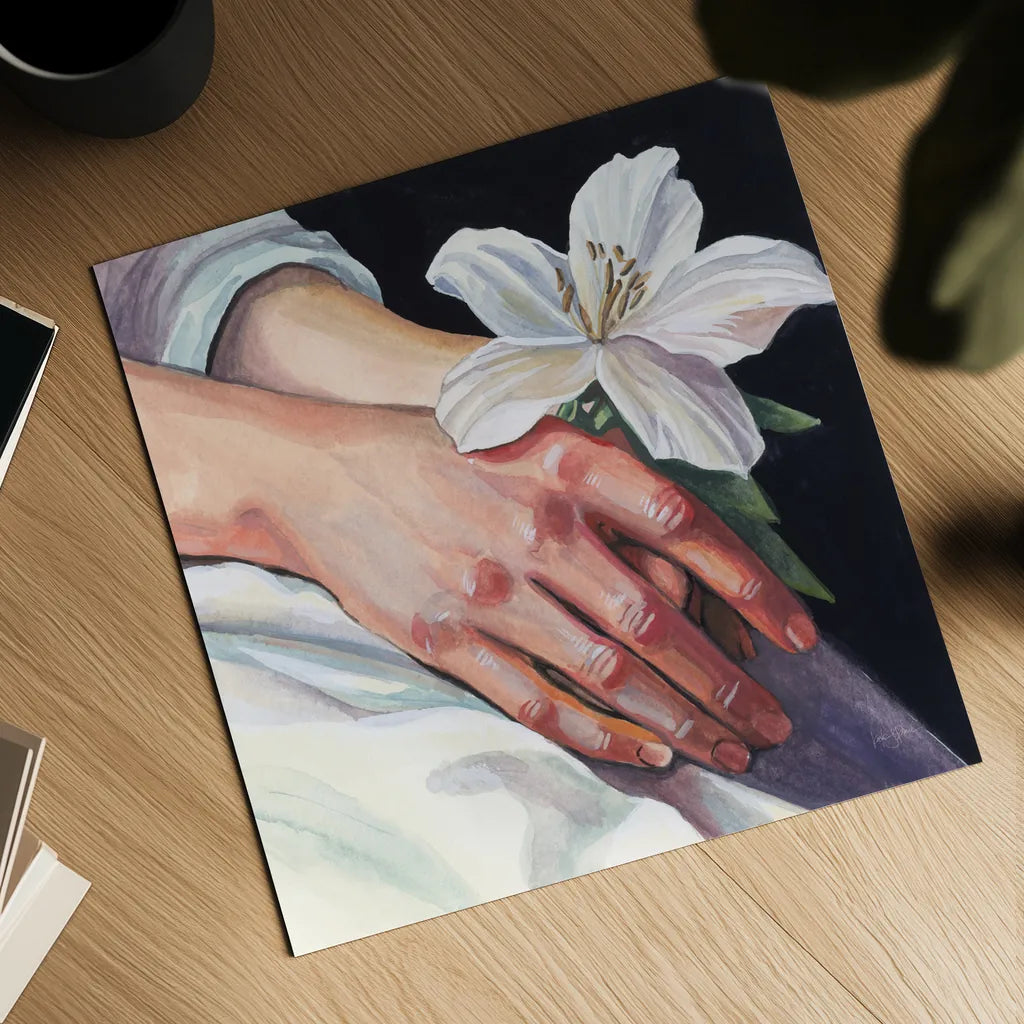 Peaceful Flower in Hand by Kate Jarvik Birch. Shown as a detailed flat fine art print, highlighting archival giclee quality. Available as an archival giclee rolled canvas, fine art paper, or poster print. SKU 99691a.