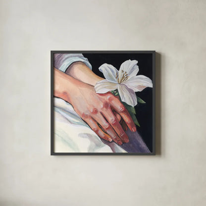 Peaceful Flower in Hand by Kate Jarvik Birch. Shown in a sleek black glass frame for a contemporary gallery look. Available as an archival giclee rolled canvas, fine art paper, or poster print. SKU 99691a.