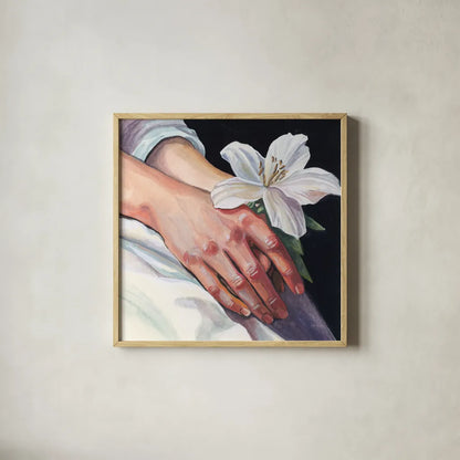 Peaceful Flower in Hand by Kate Jarvik Birch. Shown in a natural wood glass frame for a timeless modern aesthetic. Available as an archival giclee rolled canvas, fine art paper, or poster print. SKU 99691a.