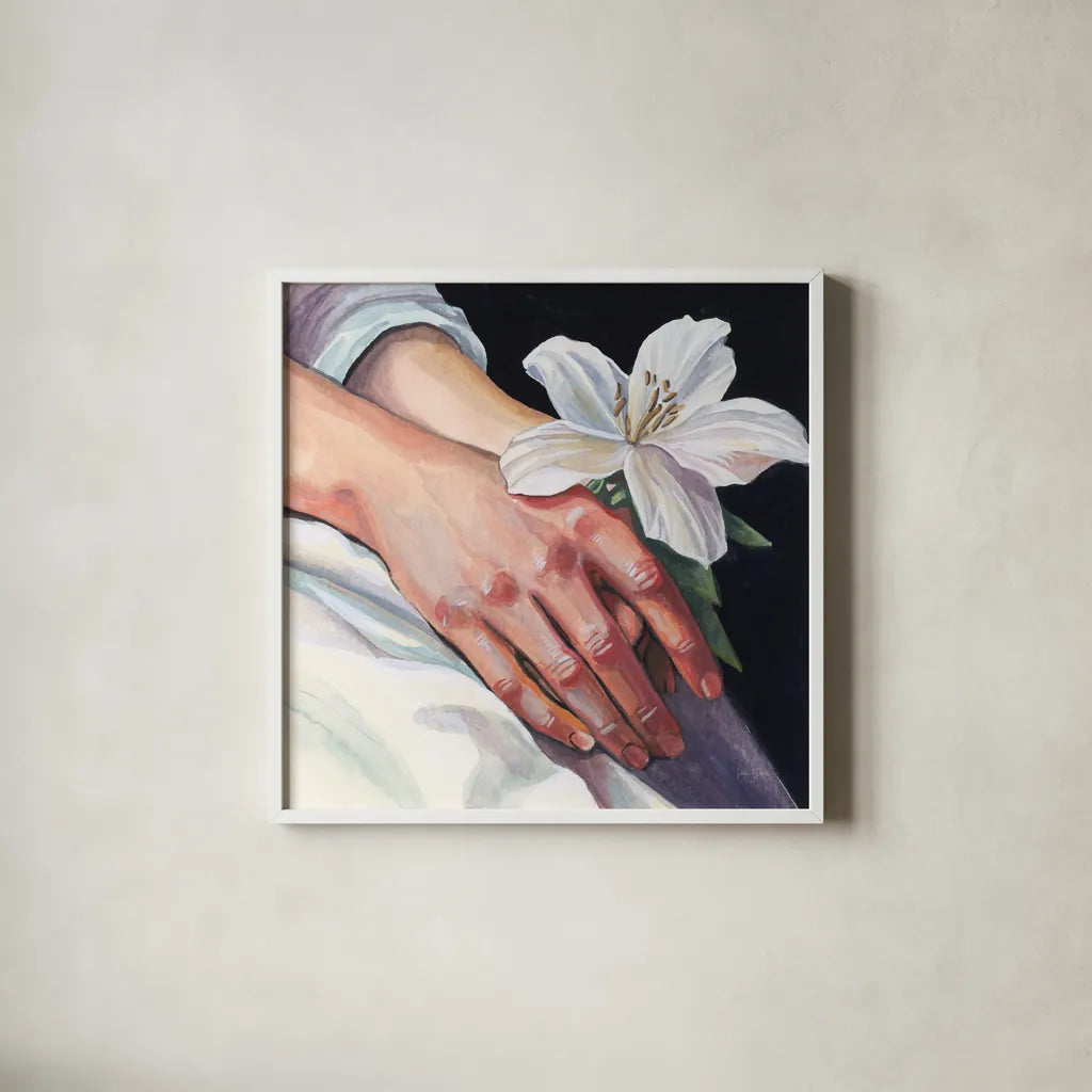 Peaceful Flower in Hand by Kate Jarvik Birch. Shown in a crisp white glass frame for a clean and minimalist style. Available as an archival giclee rolled canvas, fine art paper, or poster print. SKU 99691a.