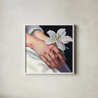 Peaceful Flower in Hand by Kate Jarvik Birch. Shown in a crisp white glass frame for a clean and minimalist style. Available as an archival giclee rolled canvas, fine art paper, or poster print. SKU 99691a.