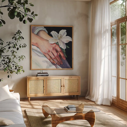 Peaceful Flower in Hand by Kate Jarvik Birch. Shown in a natural wood frame in a cozy modern living room. Available as an archival giclee rolled canvas, fine art paper, or poster print. SKU 99691a.
