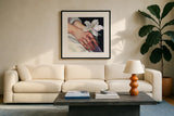 Peaceful Flower in Hand by Kate Jarvik Birch. Displayed in a glass frame with matte in a clean modern living room. Available as an archival giclee rolled canvas, fine art paper, or poster print. SKU 99691a.