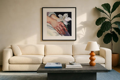 Peaceful Flower in Hand by Kate Jarvik Birch. Displayed in a glass frame with matte in a clean modern living room. Available as an archival giclee rolled canvas, fine art paper, or poster print. SKU 99691a.