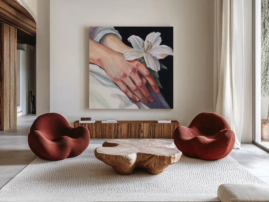 Peaceful Flower in Hand by Kate Jarvik Birch. Shown as extra-large giant wall art in a modern living room. Available as an archival giclee rolled canvas, fine art paper, or poster print. SKU 99691a.