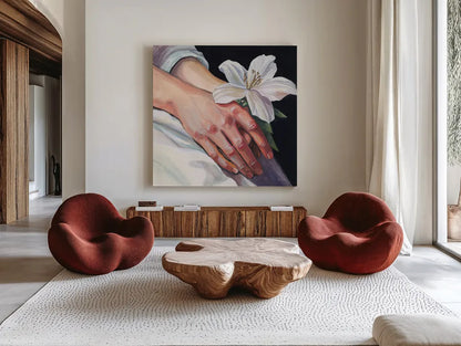Peaceful Flower in Hand by Kate Jarvik Birch. Shown as extra-large giant wall art in a modern living room. Available as an archival giclee rolled canvas, fine art paper, or poster print. SKU 99691a.
