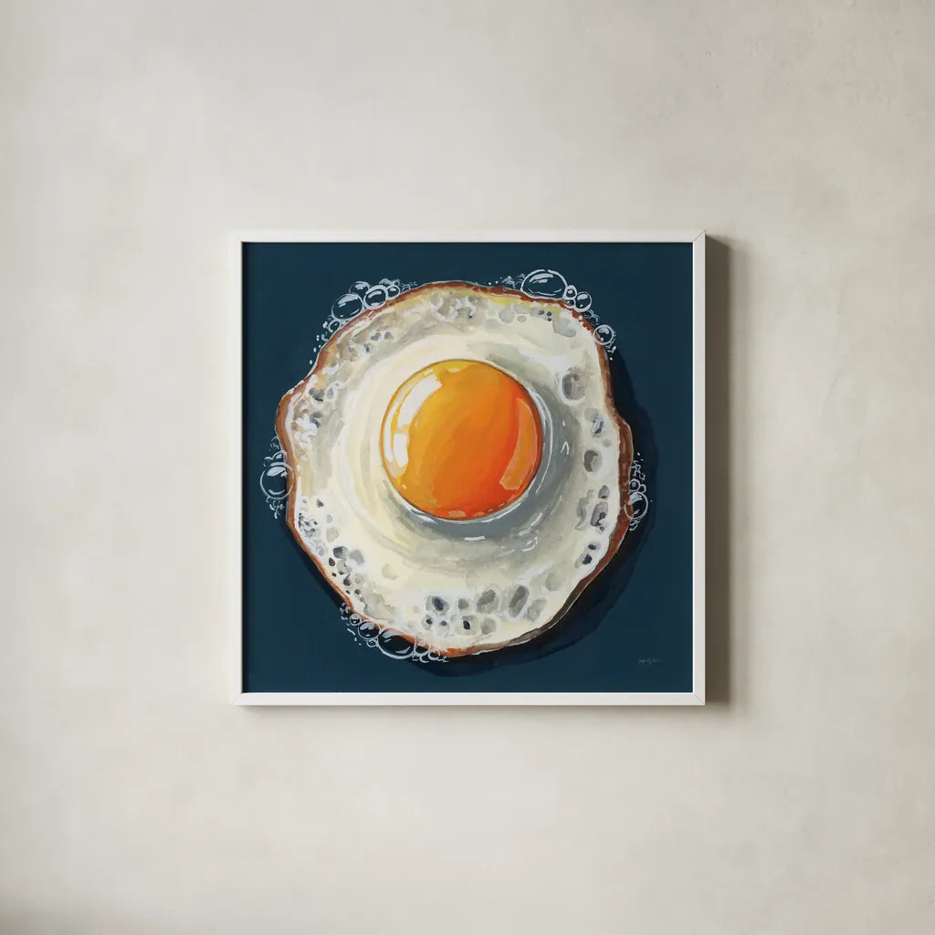 Perfect Fried Egg by Kate Jarvik Birch. Shown in a crisp white glass frame for a clean and minimalist style. Available as an archival giclee rolled canvas, fine art paper, or poster print. SKU 98602a.