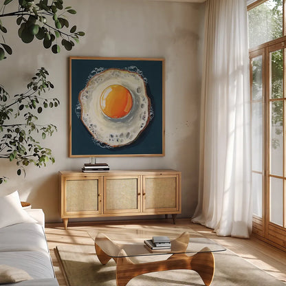 Perfect Fried Egg by Kate Jarvik Birch. Shown in a natural wood frame in a cozy modern living room. Available as an archival giclee rolled canvas, fine art paper, or poster print. SKU 98602a.