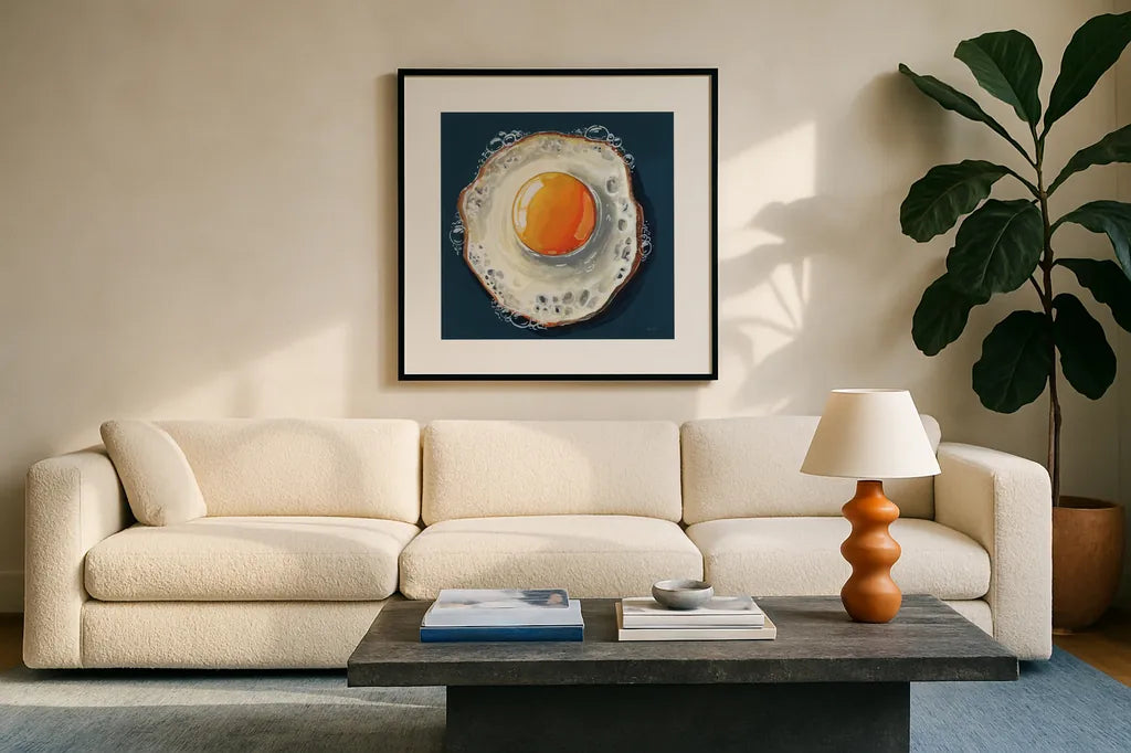 Perfect Fried Egg by Kate Jarvik Birch. Displayed in a glass frame with matte in a clean modern living room. Available as an archival giclee rolled canvas, fine art paper, or poster print. SKU 98602a.