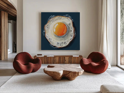 Perfect Fried Egg by Kate Jarvik Birch. Shown as extra-large giant wall art in a modern living room. Available as an archival giclee rolled canvas, fine art paper, or poster print. SKU 98602a.