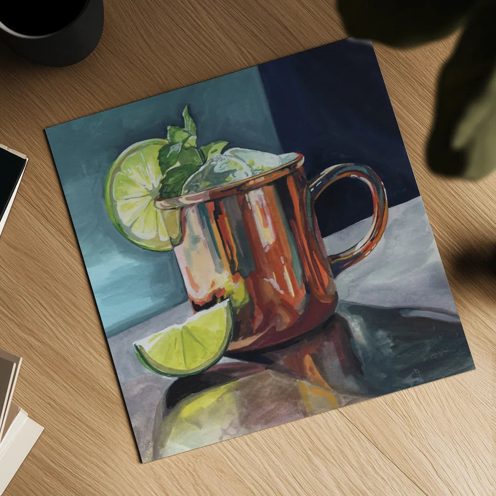Perfect Moscow Mule Cocktail by Kate Jarvik Birch. Shown as a detailed flat fine art print, highlighting archival giclee quality. Available as an archival giclee rolled canvas, fine art paper, or poster print. SKU 102972a.