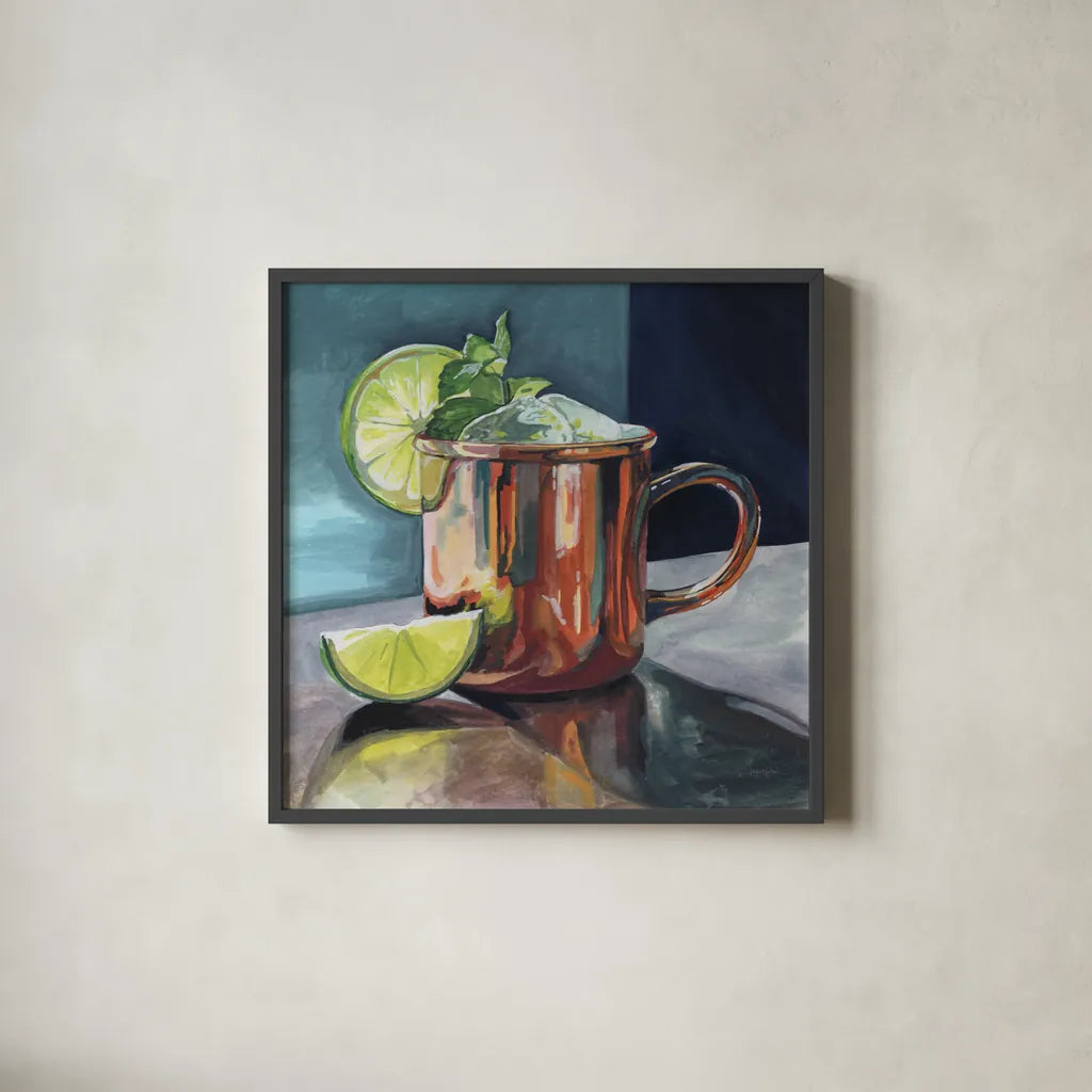Perfect Moscow Mule Cocktail by Kate Jarvik Birch. Shown in a sleek black glass frame for a contemporary gallery look. Available as an archival giclee rolled canvas, fine art paper, or poster print. SKU 102972a.