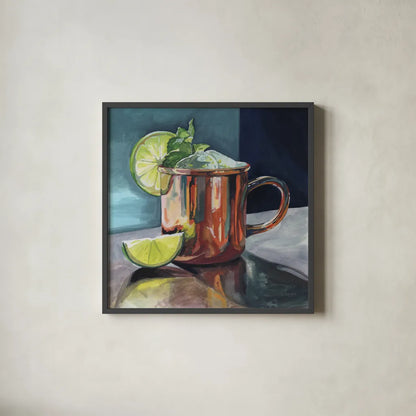 Perfect Moscow Mule Cocktail by Kate Jarvik Birch. Shown in a sleek black glass frame for a contemporary gallery look. Available as an archival giclee rolled canvas, fine art paper, or poster print. SKU 102972a.