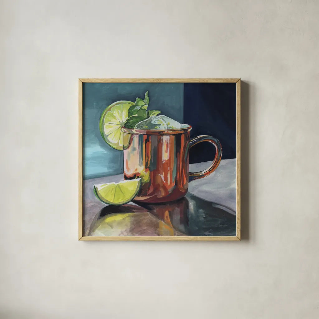 Perfect Moscow Mule Cocktail by Kate Jarvik Birch. Shown in a natural wood glass frame for a timeless modern aesthetic. Available as an archival giclee rolled canvas, fine art paper, or poster print. SKU 102972a.