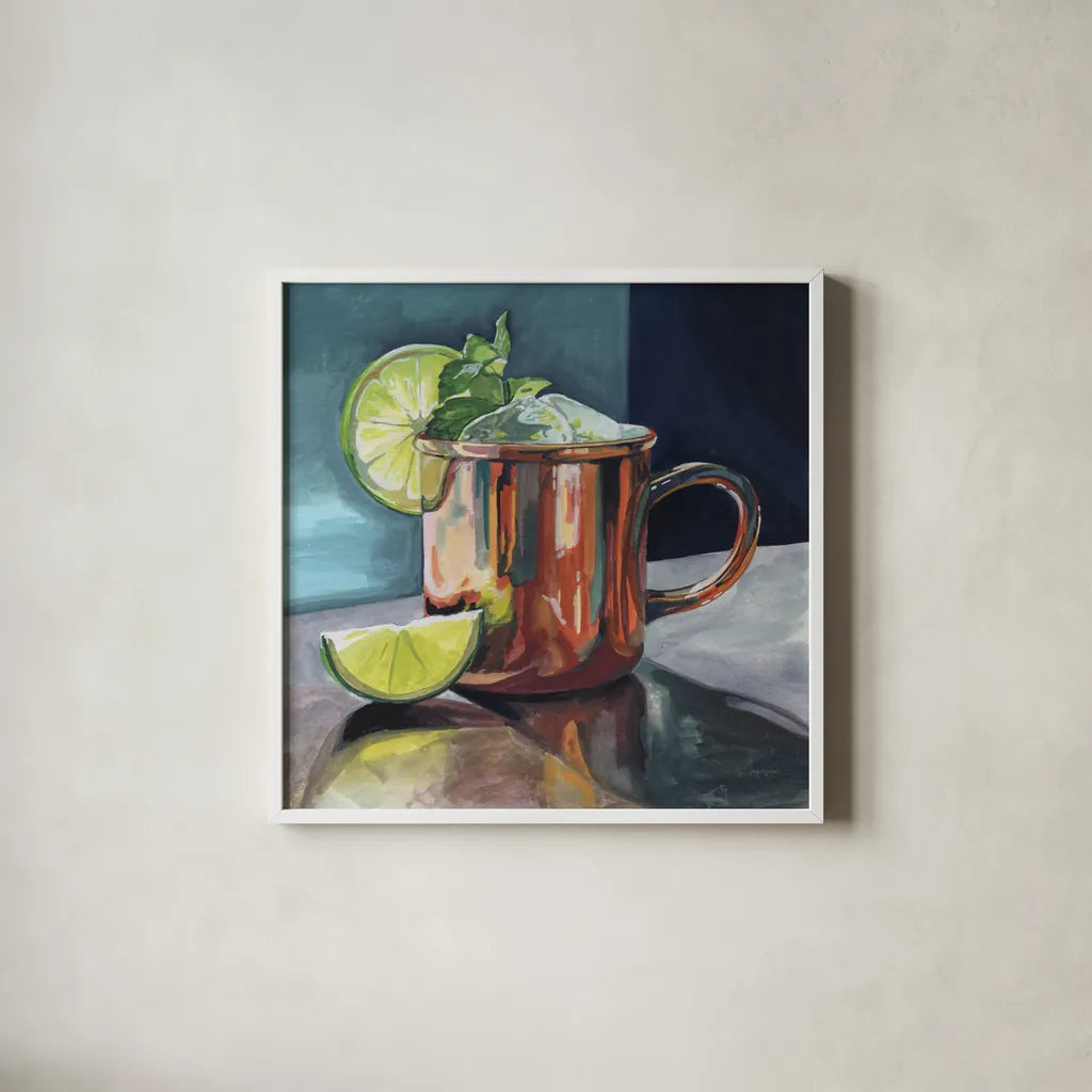 Perfect Moscow Mule Cocktail by Kate Jarvik Birch. Shown in a crisp white glass frame for a clean and minimalist style. Available as an archival giclee rolled canvas, fine art paper, or poster print. SKU 102972a.