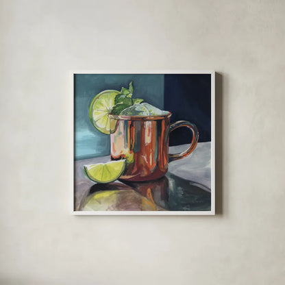 Perfect Moscow Mule Cocktail by Kate Jarvik Birch. Shown in a crisp white glass frame for a clean and minimalist style. Available as an archival giclee rolled canvas, fine art paper, or poster print. SKU 102972a.