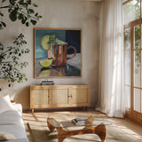 Perfect Moscow Mule Cocktail by Kate Jarvik Birch. Shown in a natural wood frame in a cozy modern living room. Available as an archival giclee rolled canvas, fine art paper, or poster print. SKU 102972a.