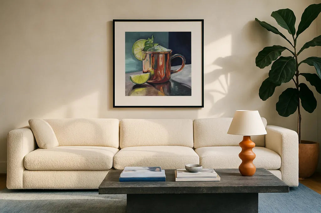 Perfect Moscow Mule Cocktail by Kate Jarvik Birch. Displayed in a glass frame with matte in a clean modern living room. Available as an archival giclee rolled canvas, fine art paper, or poster print. SKU 102972a.