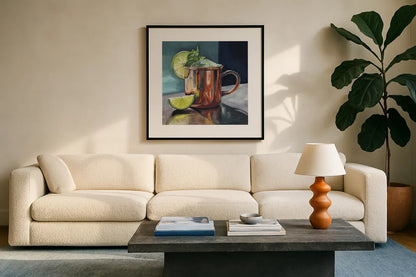 Perfect Moscow Mule Cocktail by Kate Jarvik Birch. Displayed in a glass frame with matte in a clean modern living room. Available as an archival giclee rolled canvas, fine art paper, or poster print. SKU 102972a.