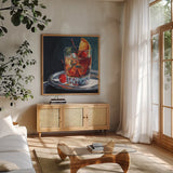 Perfect Old Fashioned by Kate Jarvik Birch. Shown in a natural wood frame in a cozy modern living room. Available as an archival giclee rolled canvas, fine art paper, or poster print. SKU 104254a.