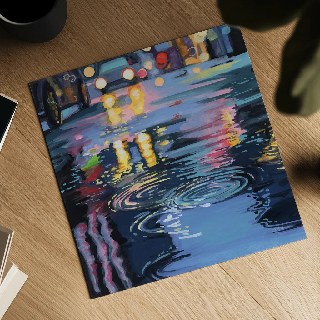 Rain Drops On City Road by Kate Jarvik Birch. Shown as a detailed flat fine art print, highlighting archival giclee quality. Available as an archival giclee rolled canvas, fine art paper, or poster print. SKU 98557a.