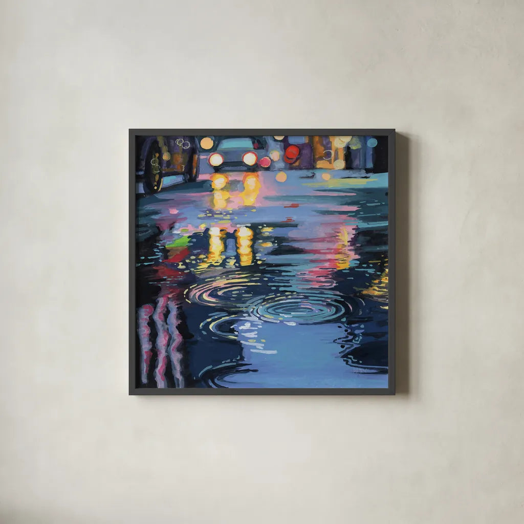 Rain Drops On City Road by Kate Jarvik Birch. Shown in a sleek black glass frame for a contemporary gallery look. Available as an archival giclee rolled canvas, fine art paper, or poster print. SKU 98557a.