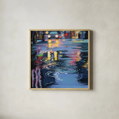 Rain Drops On City Road by Kate Jarvik Birch. Shown in a natural wood glass frame for a timeless modern aesthetic. Available as an archival giclee rolled canvas, fine art paper, or poster print. SKU 98557a.