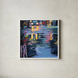 Rain Drops On City Road by Kate Jarvik Birch. Shown in a crisp white glass frame for a clean and minimalist style. Available as an archival giclee rolled canvas, fine art paper, or poster print. SKU 98557a.