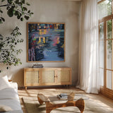Rain Drops On City Road by Kate Jarvik Birch. Shown in a natural wood frame in a cozy modern living room. Available as an archival giclee rolled canvas, fine art paper, or poster print. SKU 98557a.