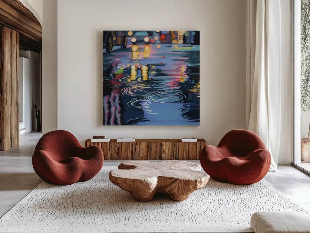 Rain Drops On City Road by Kate Jarvik Birch. Shown as extra-large giant wall art in a modern living room. Available as an archival giclee rolled canvas, fine art paper, or poster print. SKU 98557a.