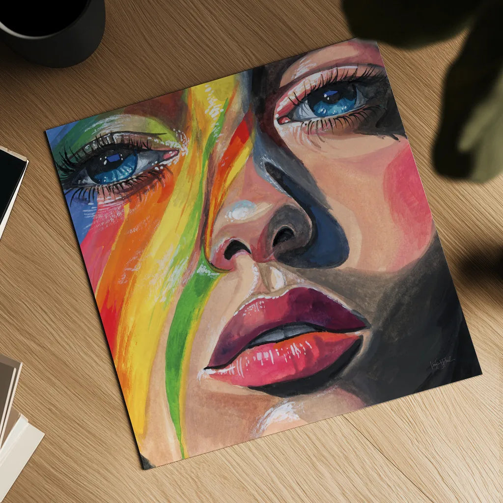 Rainbow Face Paint by Kate Jarvik Birch. Shown as a detailed flat fine art print, highlighting archival giclee quality. Available as an archival giclee rolled canvas, fine art paper, or poster print. SKU 99742a.