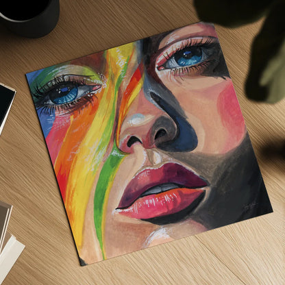 Rainbow Face Paint by Kate Jarvik Birch. Shown as a detailed flat fine art print, highlighting archival giclee quality. Available as an archival giclee rolled canvas, fine art paper, or poster print. SKU 99742a.