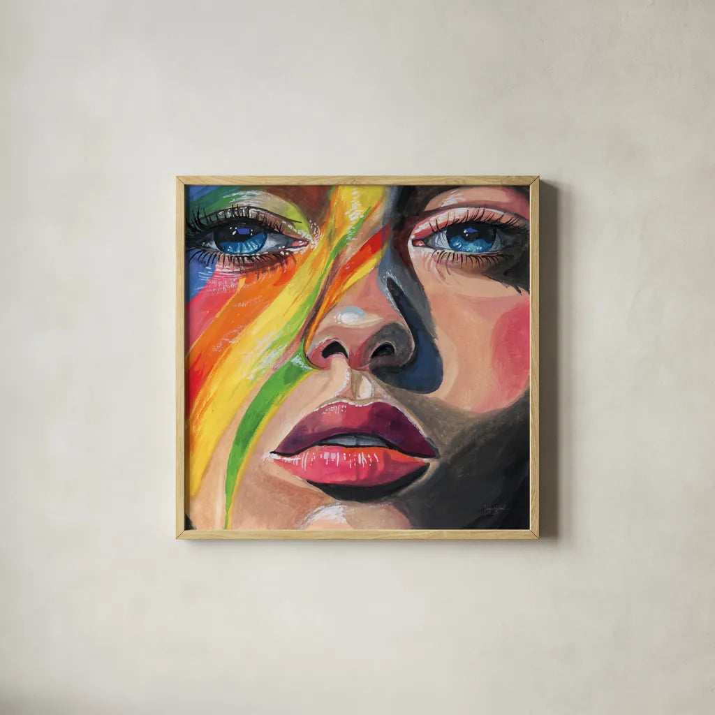 Rainbow Face Paint by Kate Jarvik Birch. Shown in a natural wood glass frame for a timeless modern aesthetic. Available as an archival giclee rolled canvas, fine art paper, or poster print. SKU 99742a.