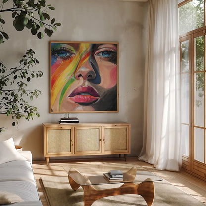 Rainbow Face Paint by Kate Jarvik Birch. Shown in a natural wood frame in a cozy modern living room. Available as an archival giclee rolled canvas, fine art paper, or poster print. SKU 99742a.
