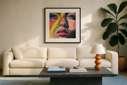 Rainbow Face Paint by Kate Jarvik Birch. Displayed in a glass frame with matte in a clean modern living room. Available as an archival giclee rolled canvas, fine art paper, or poster print. SKU 99742a.