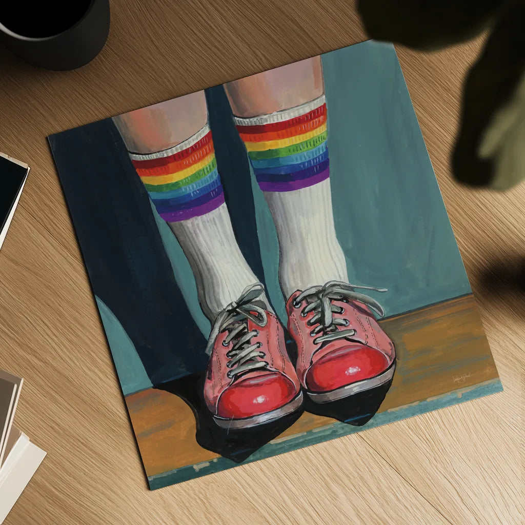 Rainbow Socks by Kate Jarvik Birch. Shown as a detailed flat fine art print, highlighting archival giclee quality. Available as an archival giclee rolled canvas, fine art paper, or poster print. SKU 99683a.