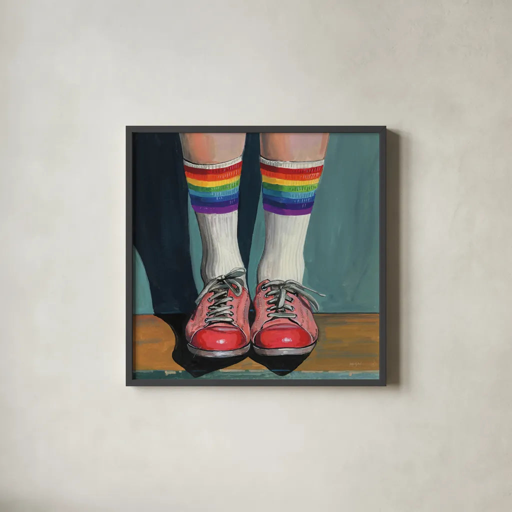 Rainbow Socks by Kate Jarvik Birch. Shown in a sleek black glass frame for a contemporary gallery look. Available as an archival giclee rolled canvas, fine art paper, or poster print. SKU 99683a.