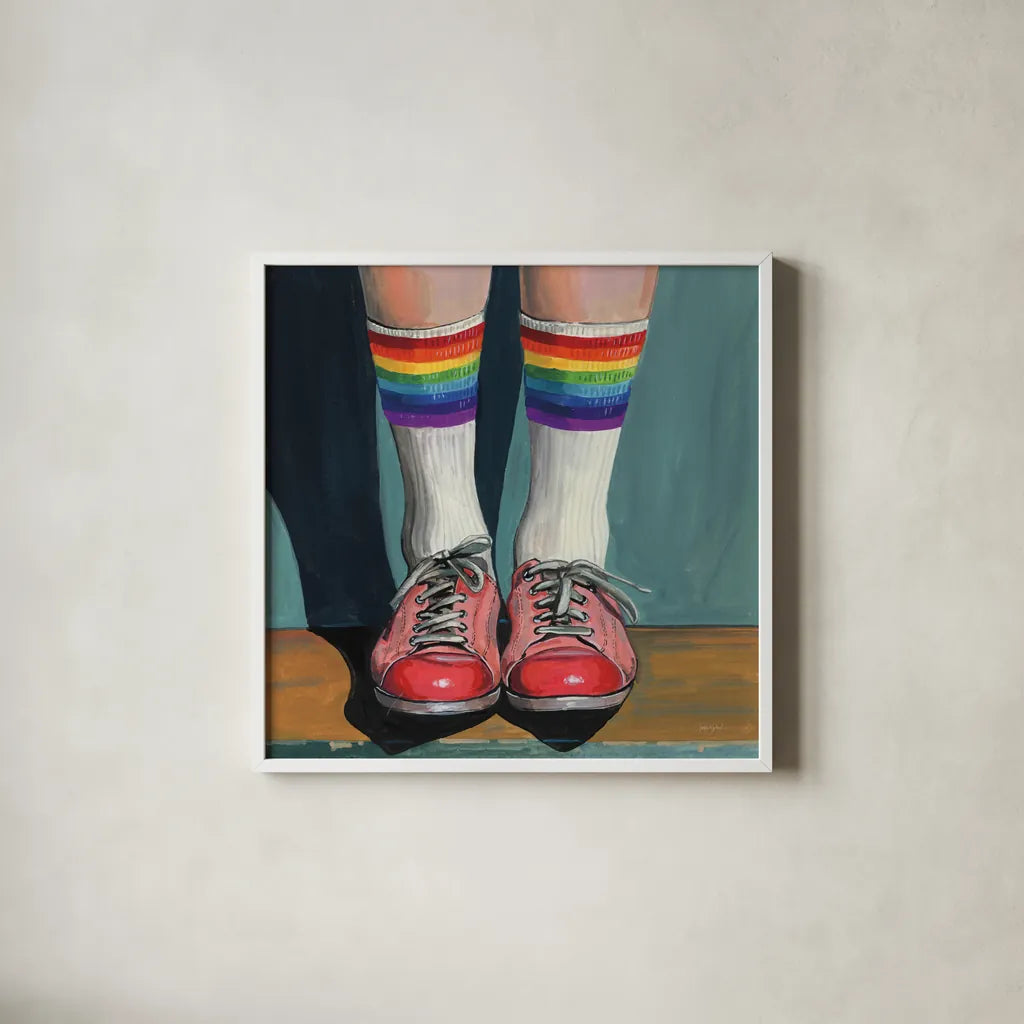 Rainbow Socks by Kate Jarvik Birch. Shown in a crisp white glass frame for a clean and minimalist style. Available as an archival giclee rolled canvas, fine art paper, or poster print. SKU 99683a.