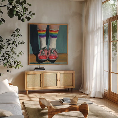 Rainbow Socks by Kate Jarvik Birch. Shown in a natural wood frame in a cozy modern living room. Available as an archival giclee rolled canvas, fine art paper, or poster print. SKU 99683a.