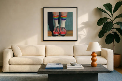 Rainbow Socks by Kate Jarvik Birch. Displayed in a glass frame with matte in a clean modern living room. Available as an archival giclee rolled canvas, fine art paper, or poster print. SKU 99683a.