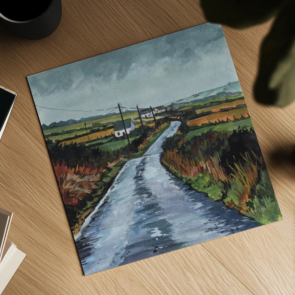 Rainy Back Road by Kate Jarvik Birch. Shown as a detailed flat fine art print, highlighting archival giclee quality. Available as an archival giclee rolled canvas, fine art paper, or poster print. SKU 100956a.