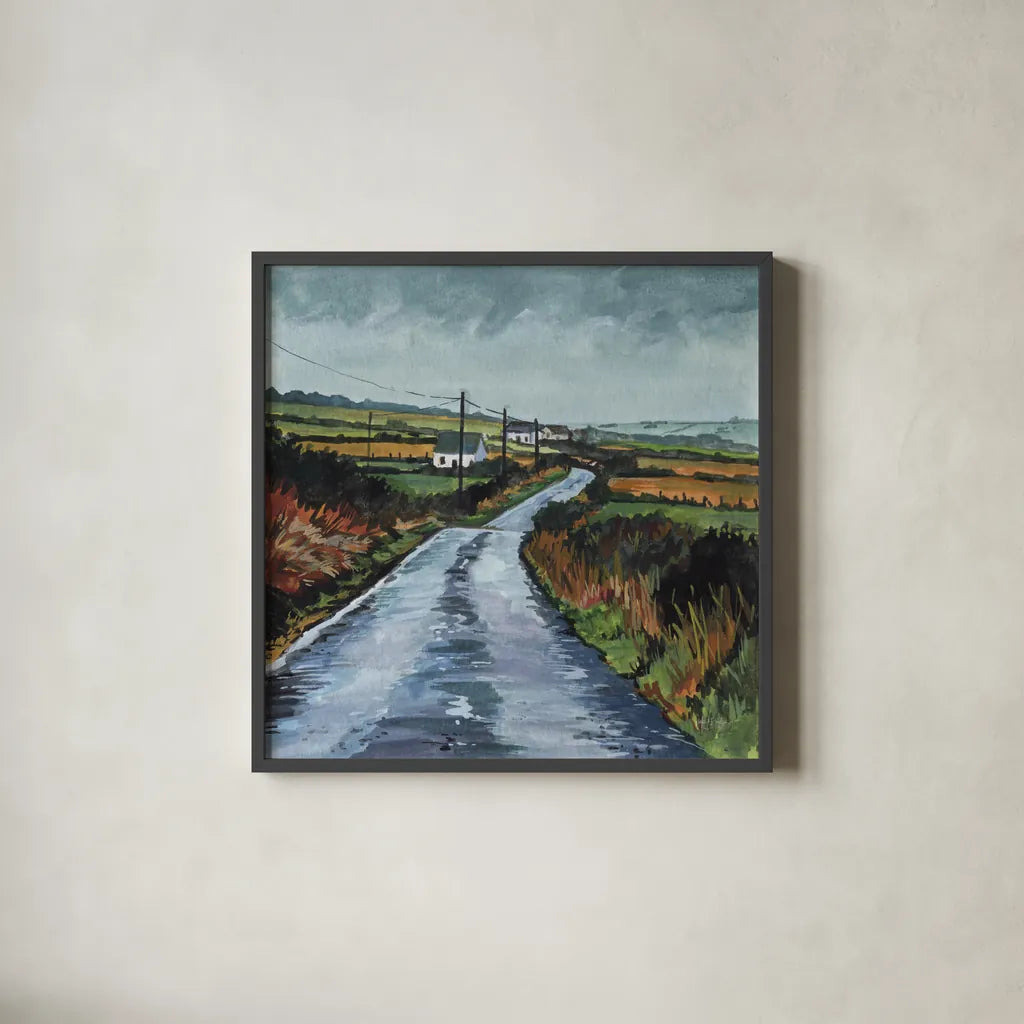 Rainy Back Road by Kate Jarvik Birch. Shown in a sleek black glass frame for a contemporary gallery look. Available as an archival giclee rolled canvas, fine art paper, or poster print. SKU 100956a.