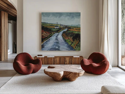 Rainy Back Road by Kate Jarvik Birch. Shown as extra-large giant wall art in a modern living room. Available as an archival giclee rolled canvas, fine art paper, or poster print. SKU 100956a.