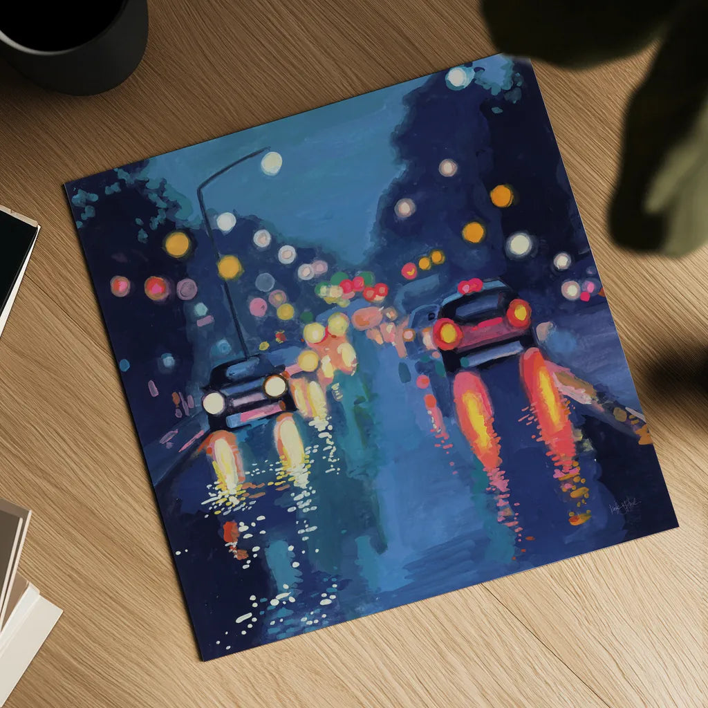 Rainy Drive in The City by Kate Jarvik Birch. Shown as a detailed flat fine art print, highlighting archival giclee quality. Available as an archival giclee rolled canvas, fine art paper, or poster print. SKU 98528a.