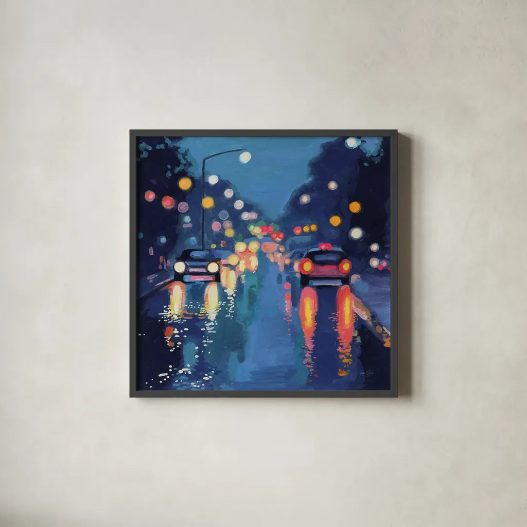 Rainy Drive in The City by Kate Jarvik Birch. Shown in a sleek black glass frame for a contemporary gallery look. Available as an archival giclee rolled canvas, fine art paper, or poster print. SKU 98528a.