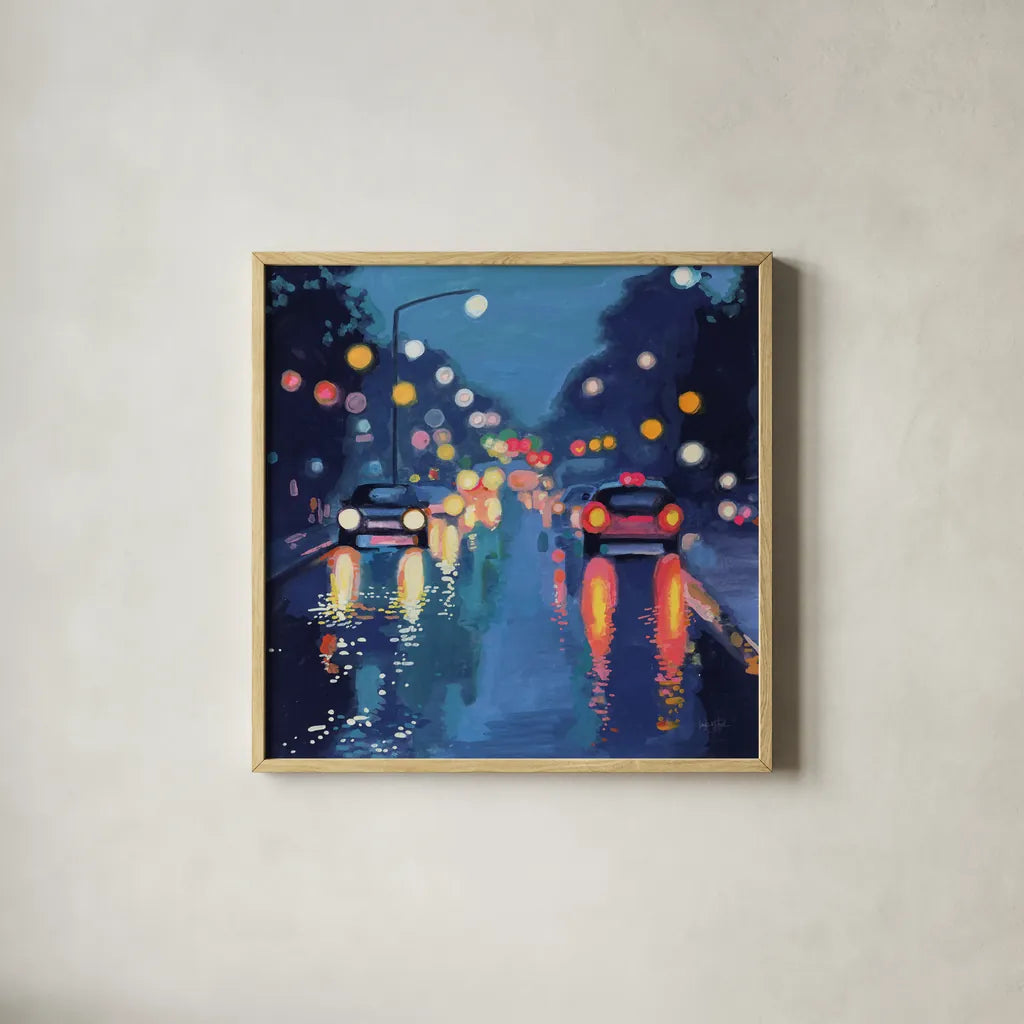 Rainy Drive in The City by Kate Jarvik Birch. Shown in a natural wood glass frame for a timeless modern aesthetic. Available as an archival giclee rolled canvas, fine art paper, or poster print. SKU 98528a.