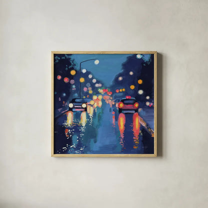 Rainy Drive in The City by Kate Jarvik Birch. Shown in a natural wood glass frame for a timeless modern aesthetic. Available as an archival giclee rolled canvas, fine art paper, or poster print. SKU 98528a.
