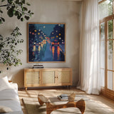 Rainy Drive in The City by Kate Jarvik Birch. Shown in a natural wood frame in a cozy modern living room. Available as an archival giclee rolled canvas, fine art paper, or poster print. SKU 98528a.